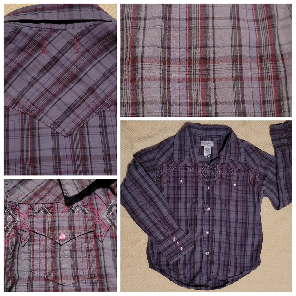 Guess boys M 8 plaid button collared shirt top plaid embroidered holiday